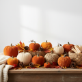 Harvest Pumpkin Decor Set arranged on rustic wood with autumn leaves